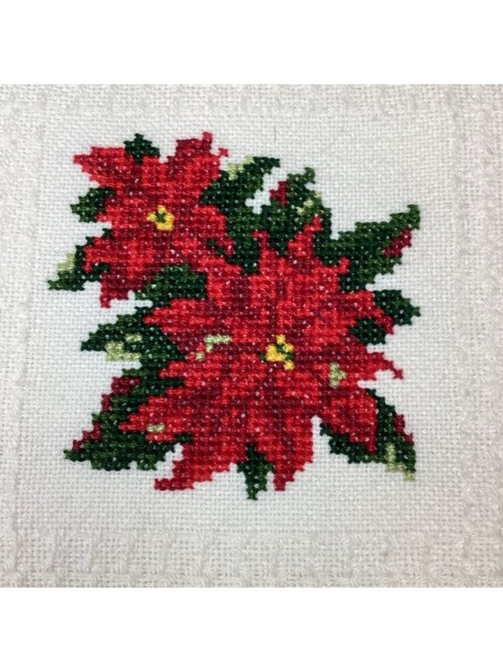 GORGEOUS VINTAGE Christmas 1960 Art Cross-stitched Linen Tablecloth